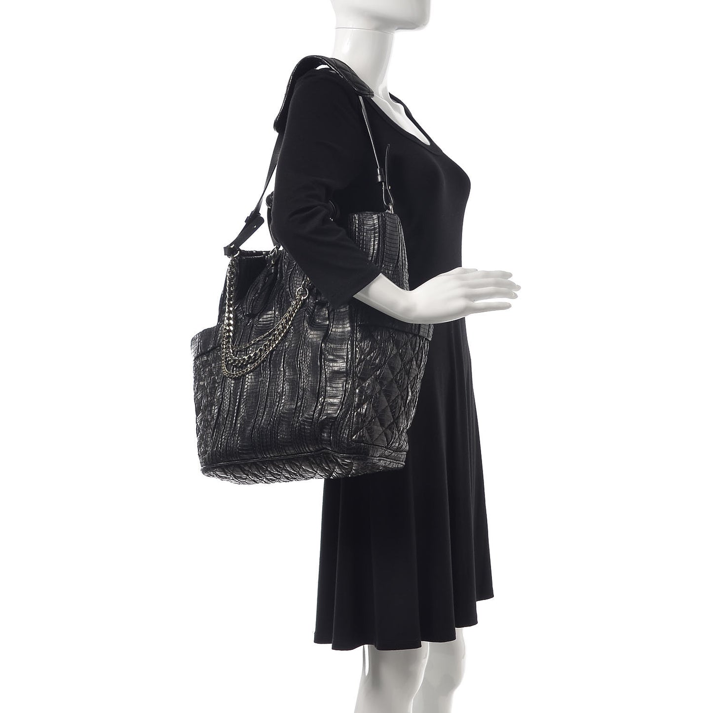 Waxed Snakeskin Chain Embellished Blare Tote Black
