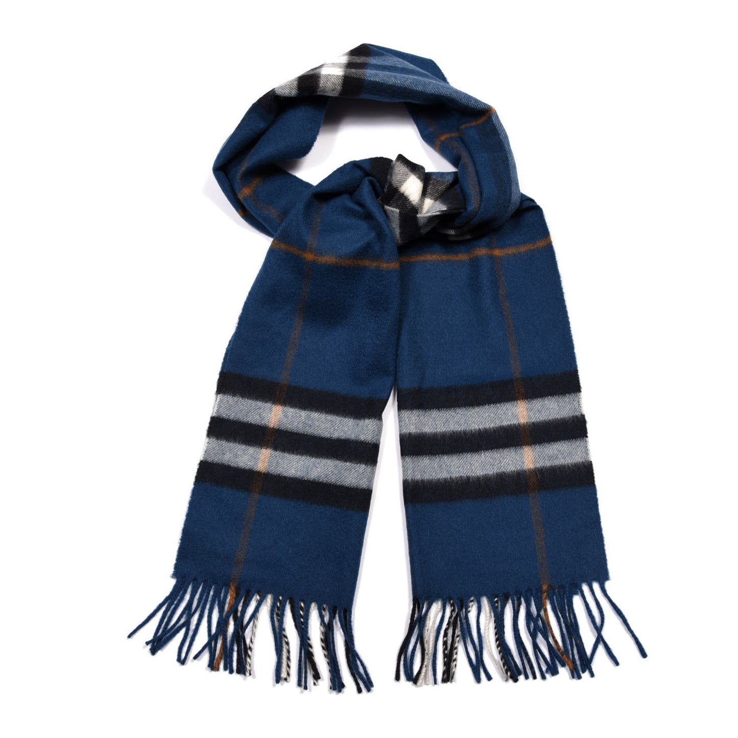 Cashmere Giant Check Fringe Scarf Blue