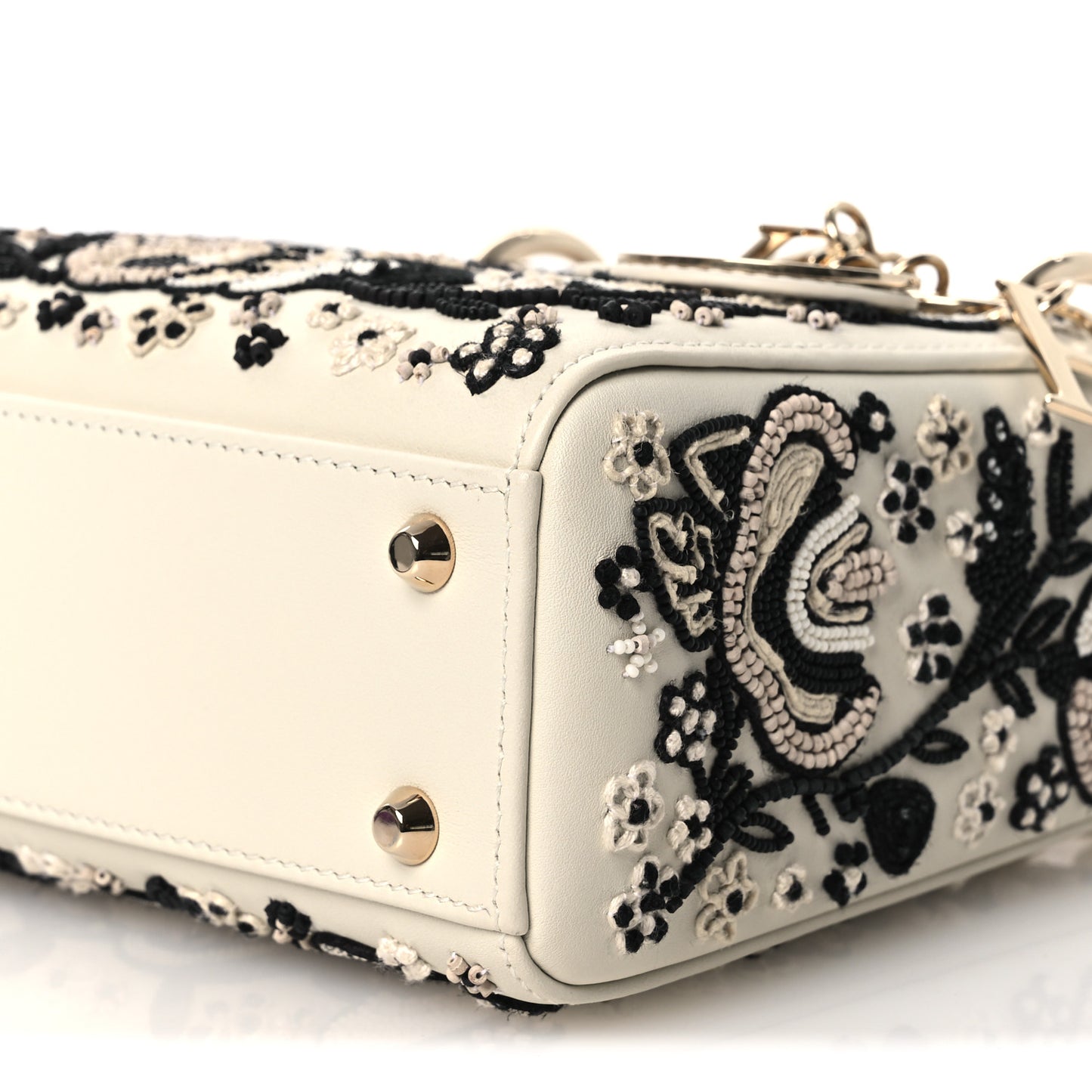 Smooth Calfskin Embroidered Beaded Floral Mini Lady Dior White Multicolor