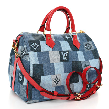Louis Vuitton Denim Damier Monogram Patchwork Speedy Bandouliere 30 Blue Rouge 3 of 11
