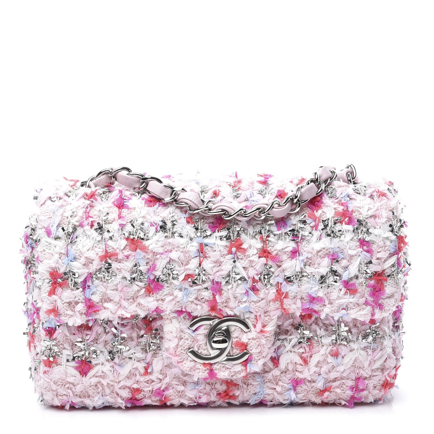 Tweed Quilted Mini Rectangular Flap Light Pink Silver Blue