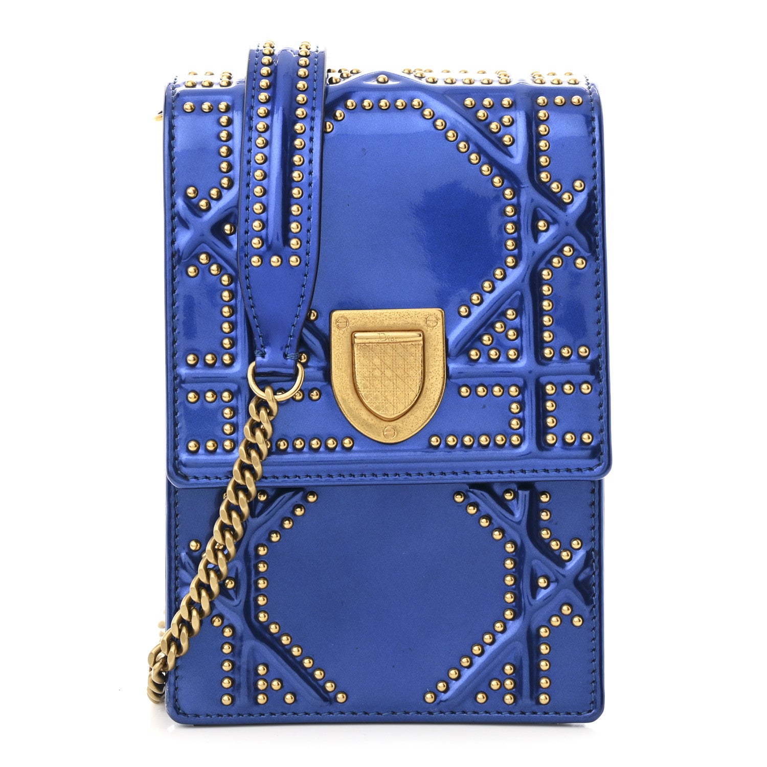 Christian Dior 未開封 Christian Dior Metallic Calfskin Studded Vertical Diorama Blue