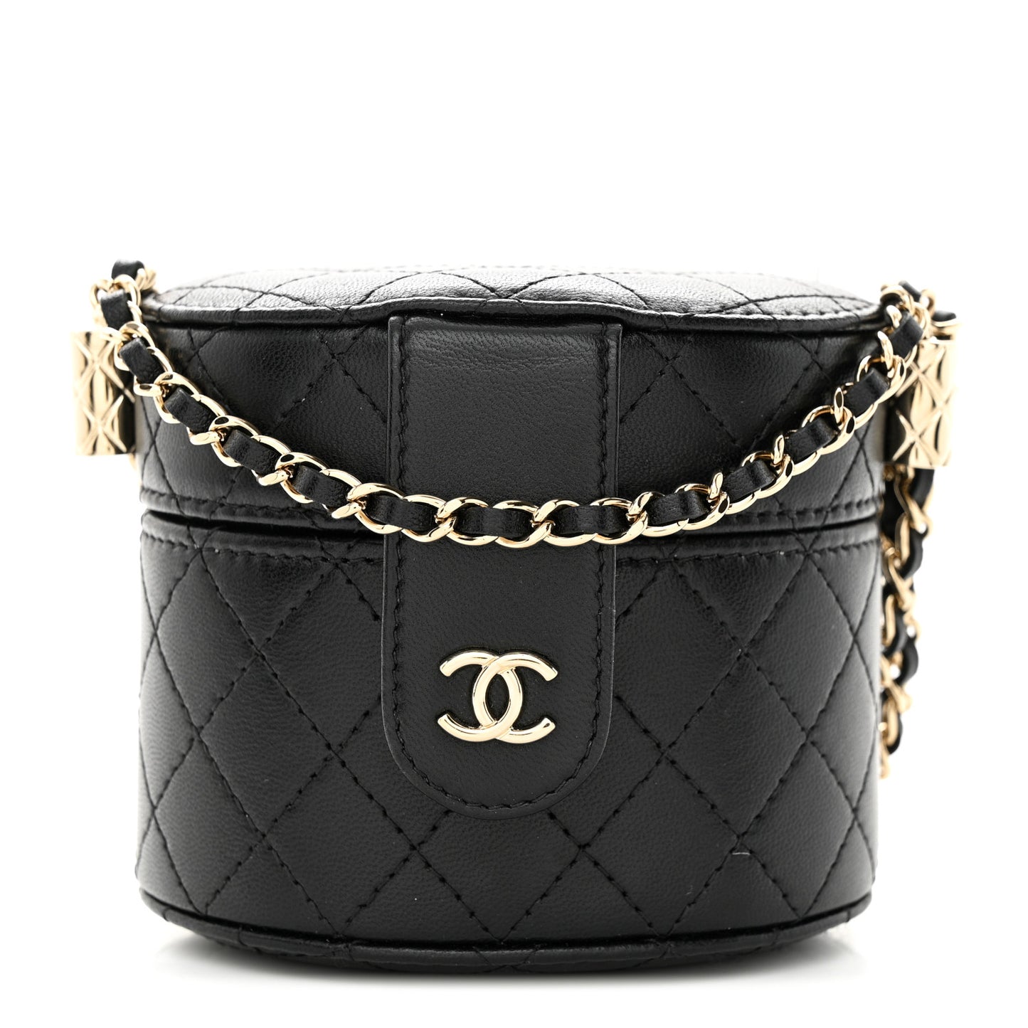Lambskin Quilted Mini Round Vanity Case With Chain Black
