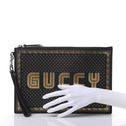 Gucci X SEGA Calfskin GUCCY Stars Zip Wristlet Pouch Black Gold 2 of 10