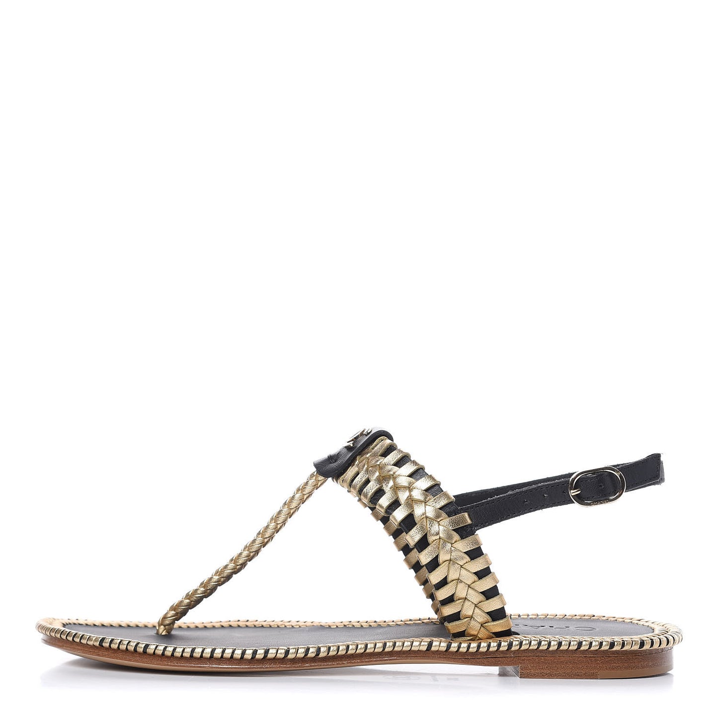 Metallic Lambskin Calfskin Braided Thong Sandals 38 Black Gold