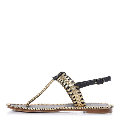 Chanel Metallic Lambskin Calfskin Braided Thong Sandals 38 Black Gold 1 of 8