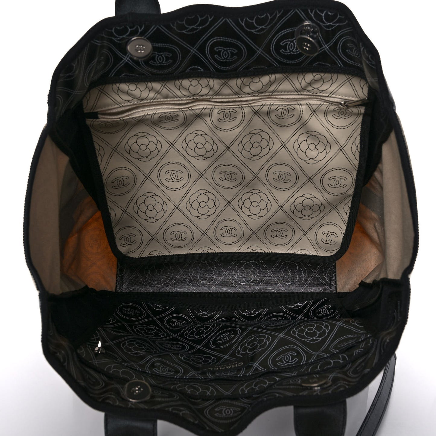Coated Canvas Camellia Large Shopping Tote Black Beige