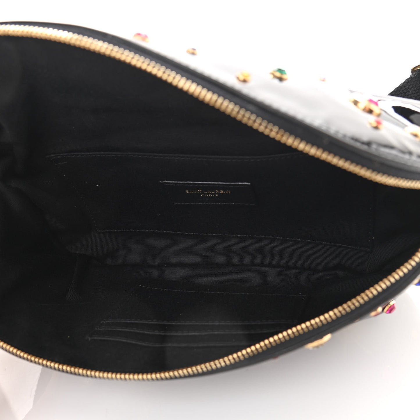 Patent Calfskin Crystal Embellished Monogram Belt Bag Black