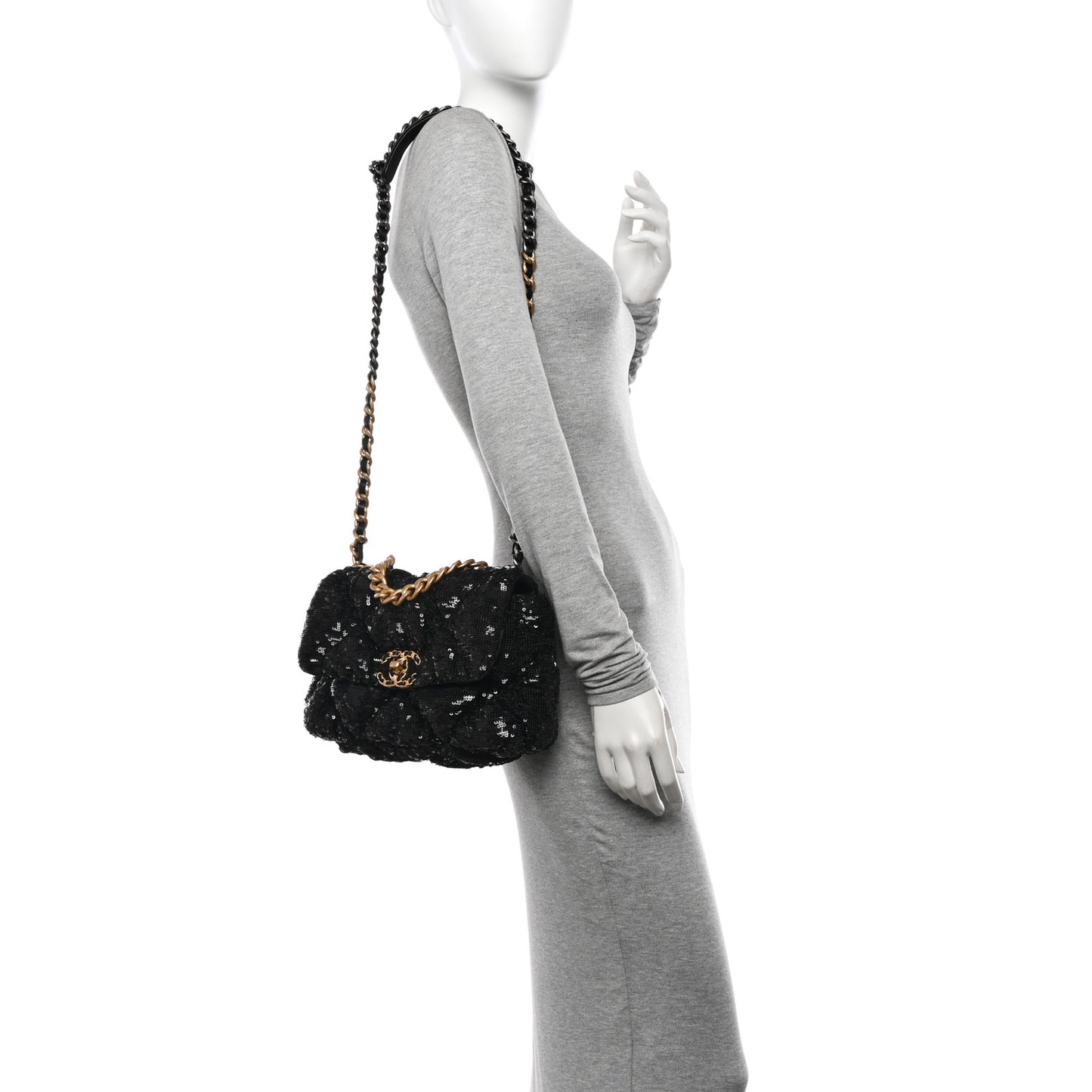 Sequin Quilted Medium Chanel 19 Flap Black