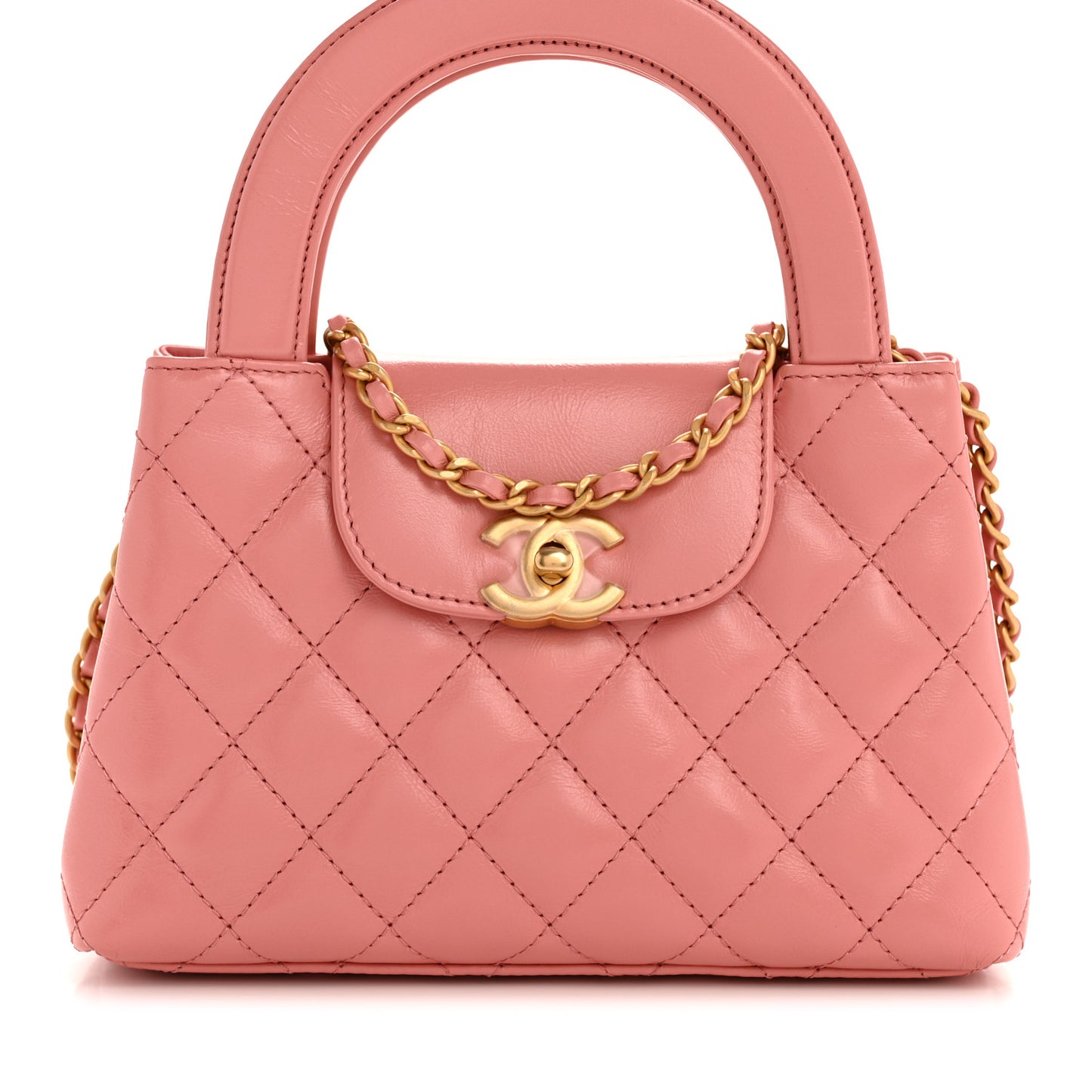 Shiny Aged Calfskin Quilted Nano Kelly Shopper Coral Pink