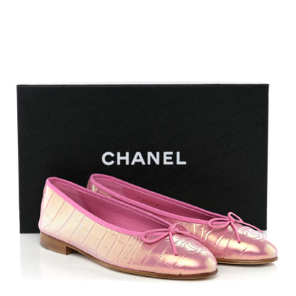Chanel Iridescent Calfskin Crocodile Embossed Ballerina Flats  35.5 Pink 10 of 11