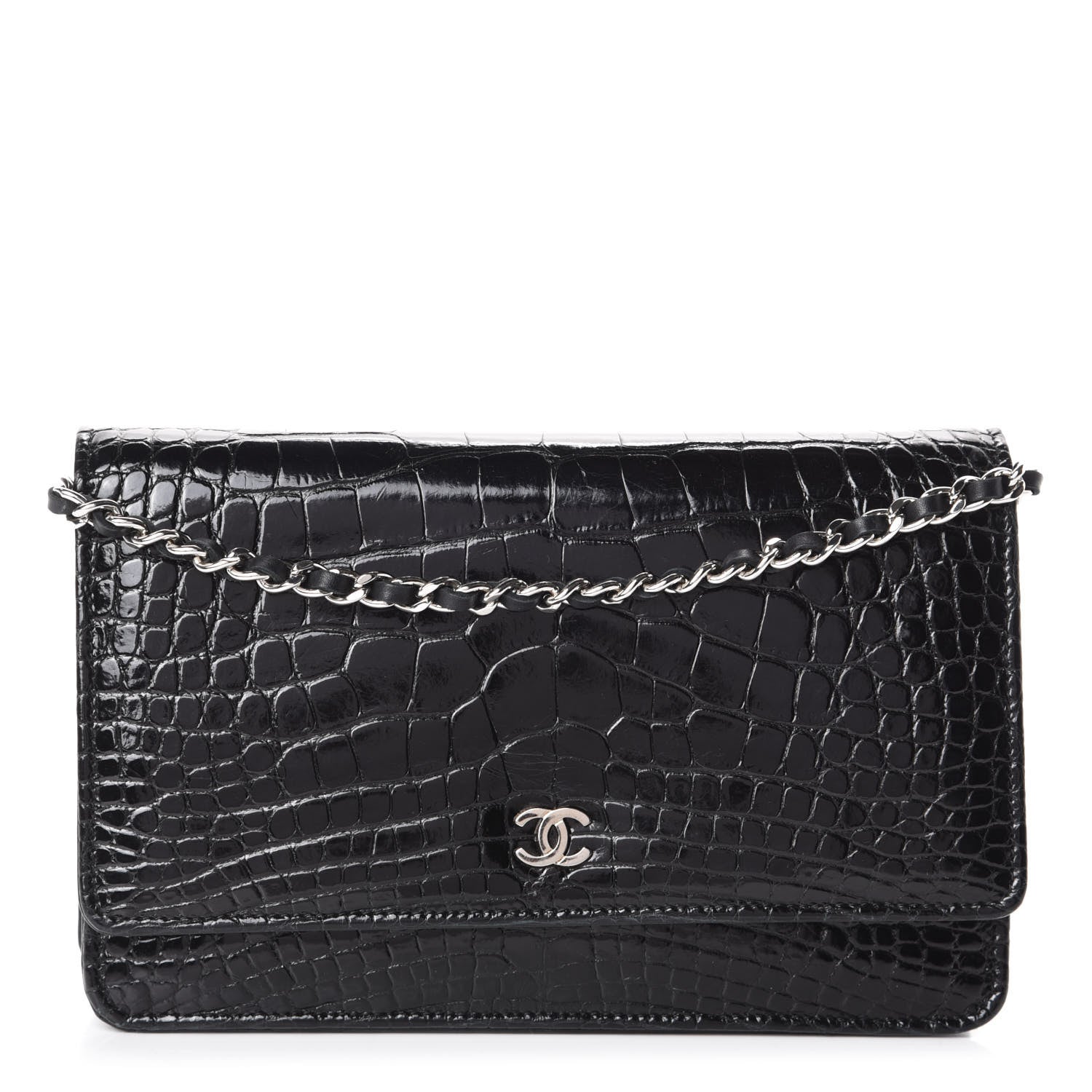 Chanel Shiny Crocodile Wallet on Chain WOC Black 1 of 12