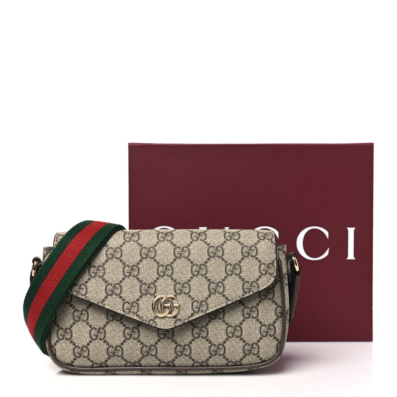 Gucci GG Supreme Monogram Textured Dollar Calfskin Web Mini Ophidia Envelope Shoulder Bag Beige Ebony New Acero 11 of 11