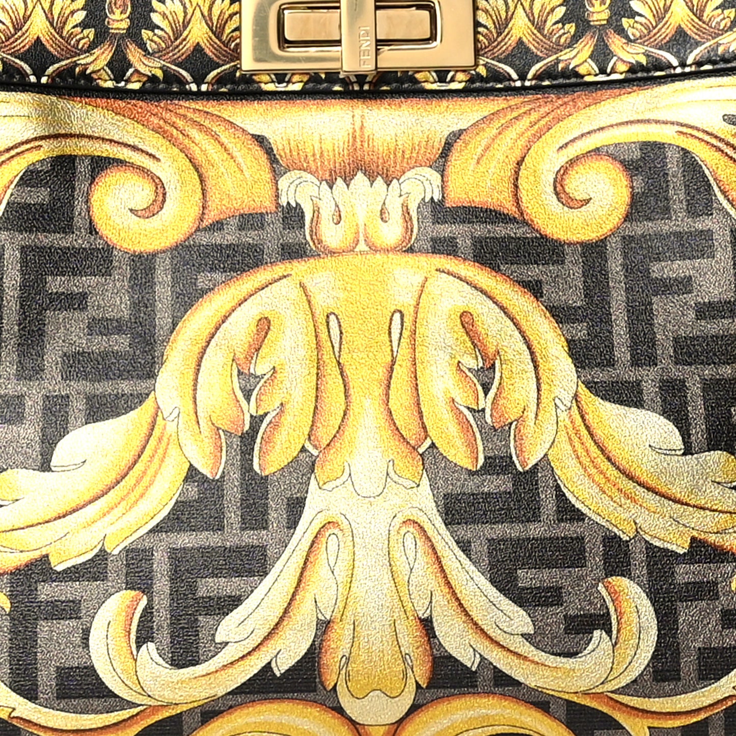 X VERSACE Vitello Seta Nappa Fendace FF Baroque Medium Peekaboo I SEE U Satchel Tobacco Black Gold