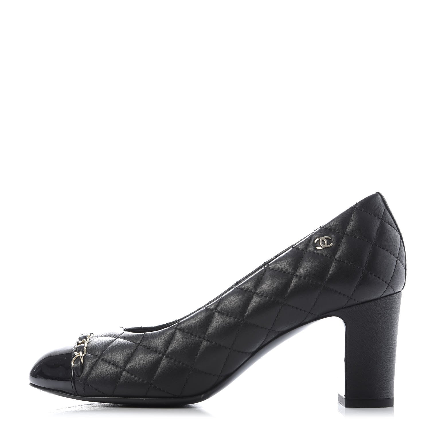 Chanel Lambskin Patent Cap Toe Chain Pumps 37.5 Black 1 of 10