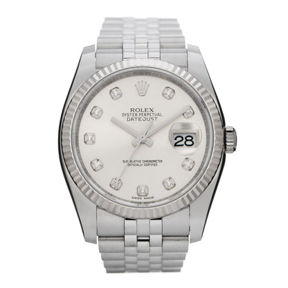 Rolex Stainless Steel 18K White Gold Diamond 36mm Oyster Perpetual Datejust Watch Silver 116234 1 of 5