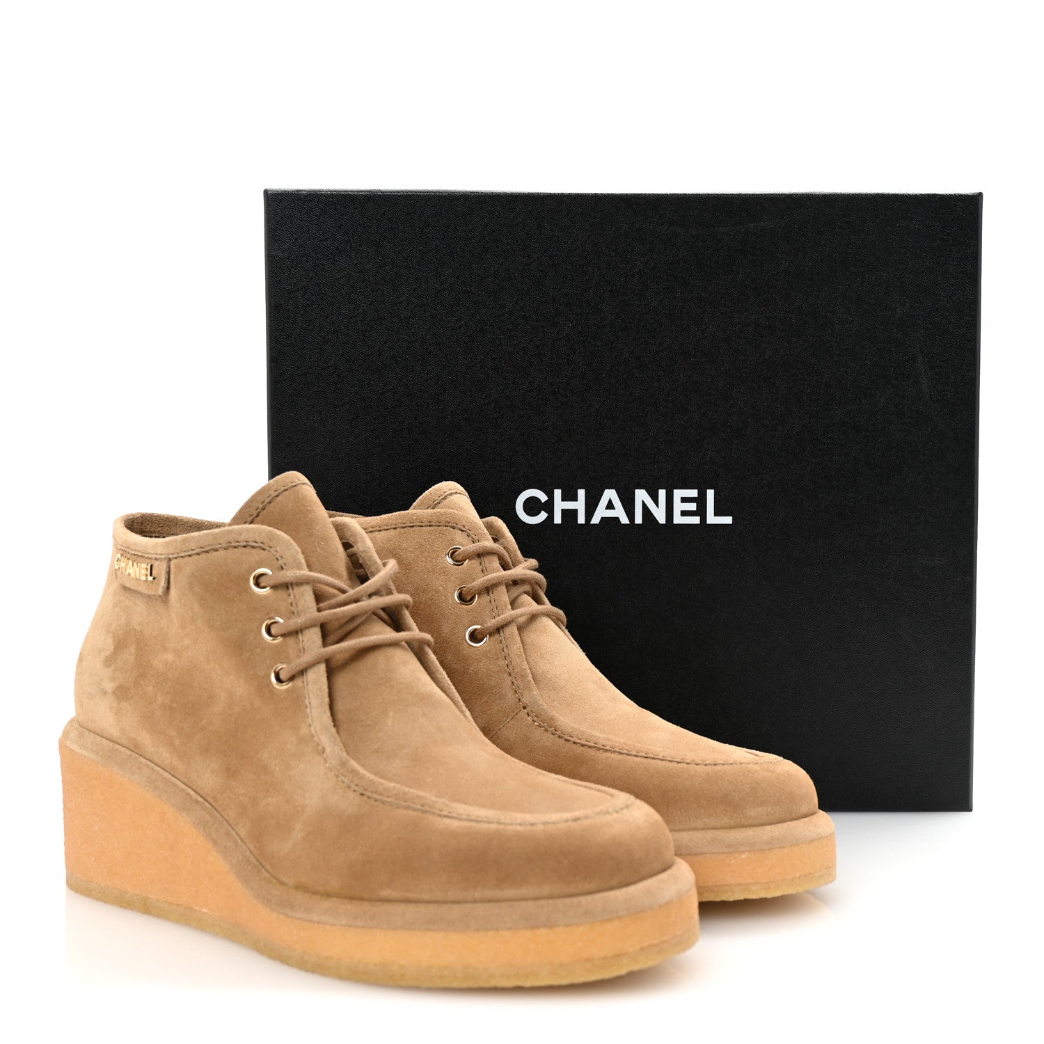 Chanel Suede Calfskin Lace Up Wedge Booties 40.5 Beige 10 of 10