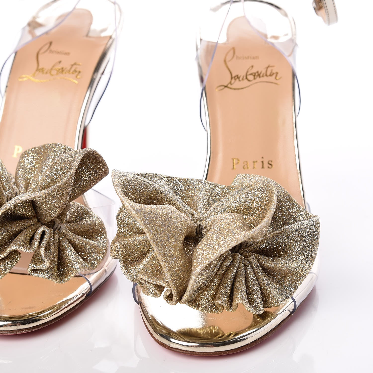 Christian Louboutin Metallic Calfskin Glitter Tonic PVC Fossiliza 100 Sandals 37 Version Light Gold 15 of 16