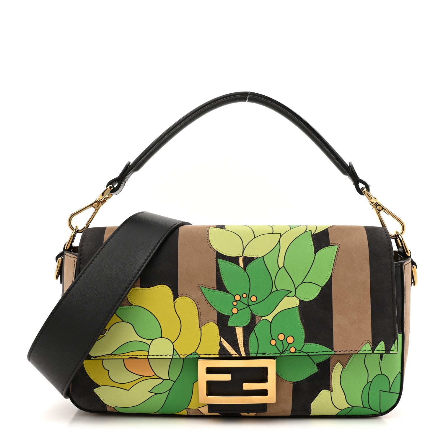 Fendi Nubuck Pequin Floral Print Baguette Tobacco Moro Ebano 1 of 16