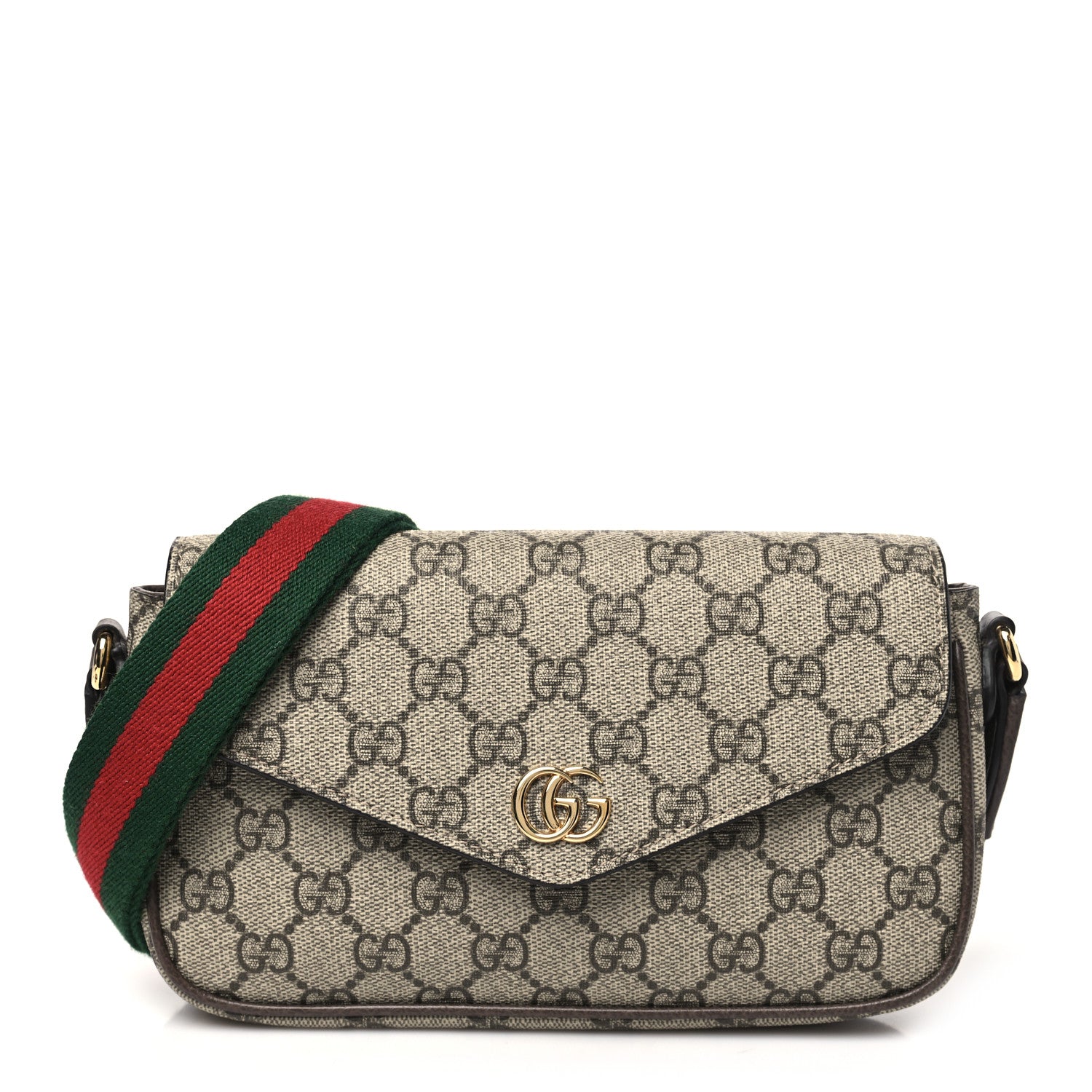 Gucci GG Supreme Monogram Textured Dollar Calfskin Web Mini Ophidia Envelope Shoulder Bag Beige Ebony New Acero 1 of 11