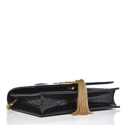Saint Laurent Calfskin Crocodile Embossed Kate Monogram Tassel Chain Wallet Black 4 of 6
