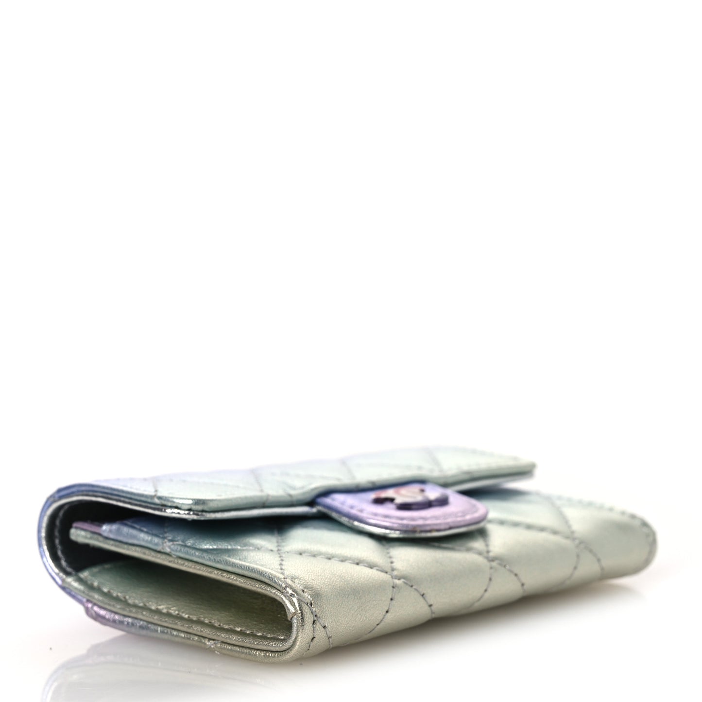 Gradient Metallic Calfskin Quilted Flap Card Holder Wallet Silver Blue Yellow Purple