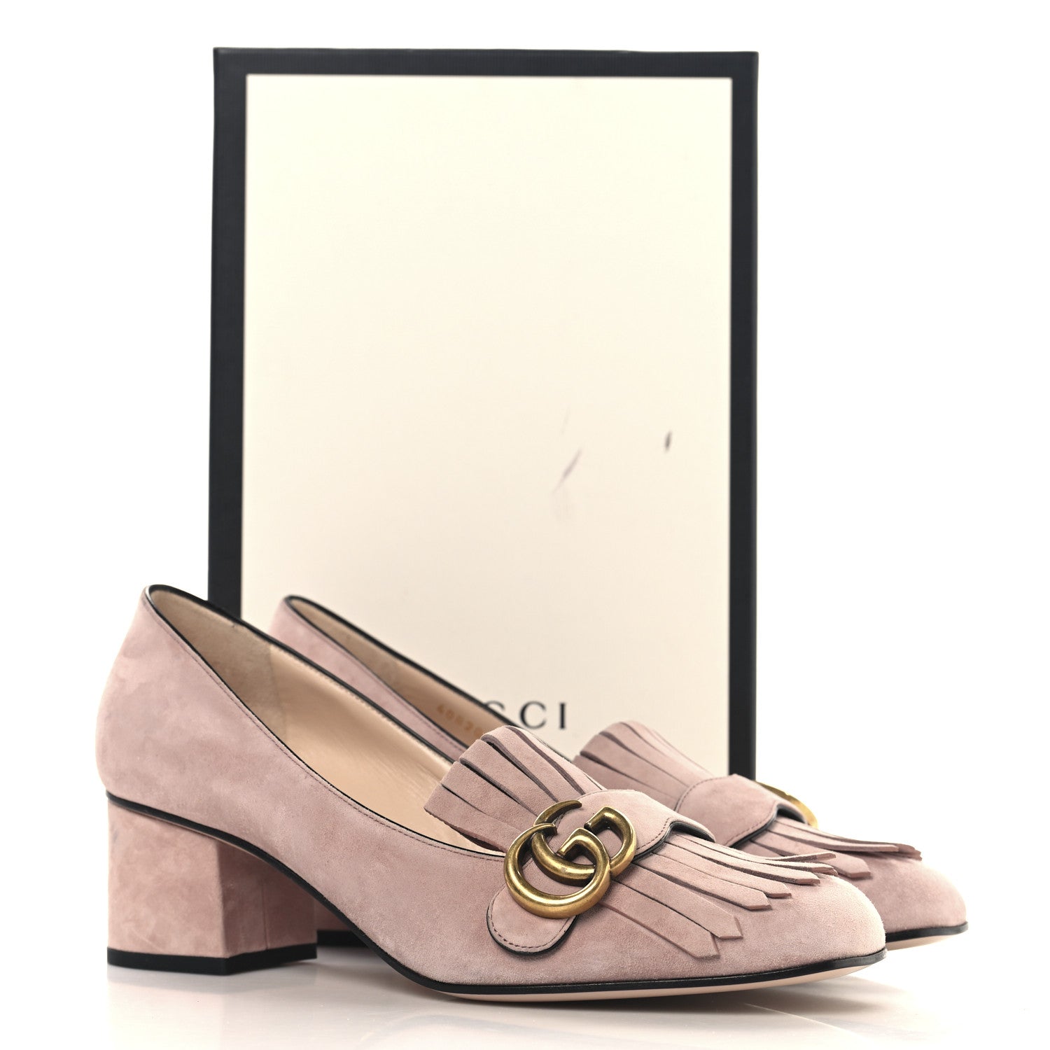 Gucci Kid Scamosciato GG Marmont Fringe 50mm Loafer Pumps 39.5 Crystal Pink 12 of 12