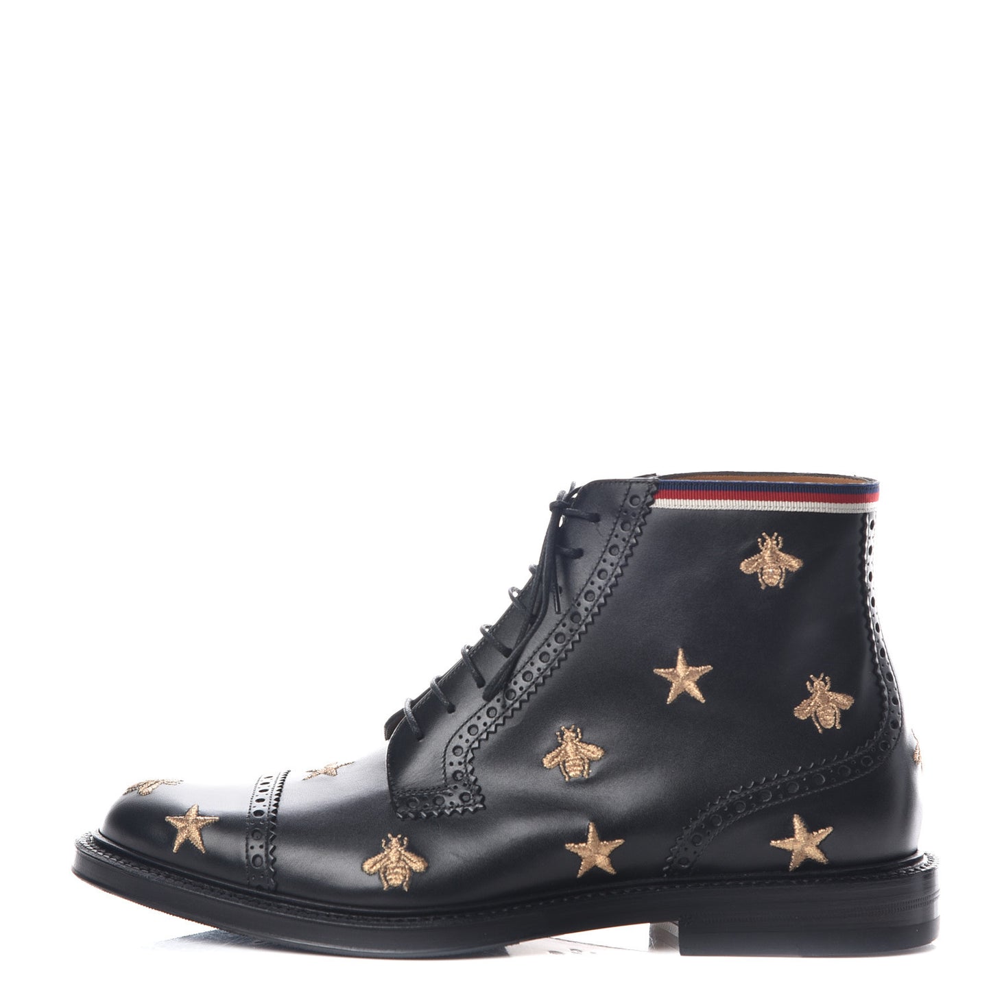 Calfskin Sylvie Web Bee Star Embroidered Mens Brogue Captoe Boots 8 Black