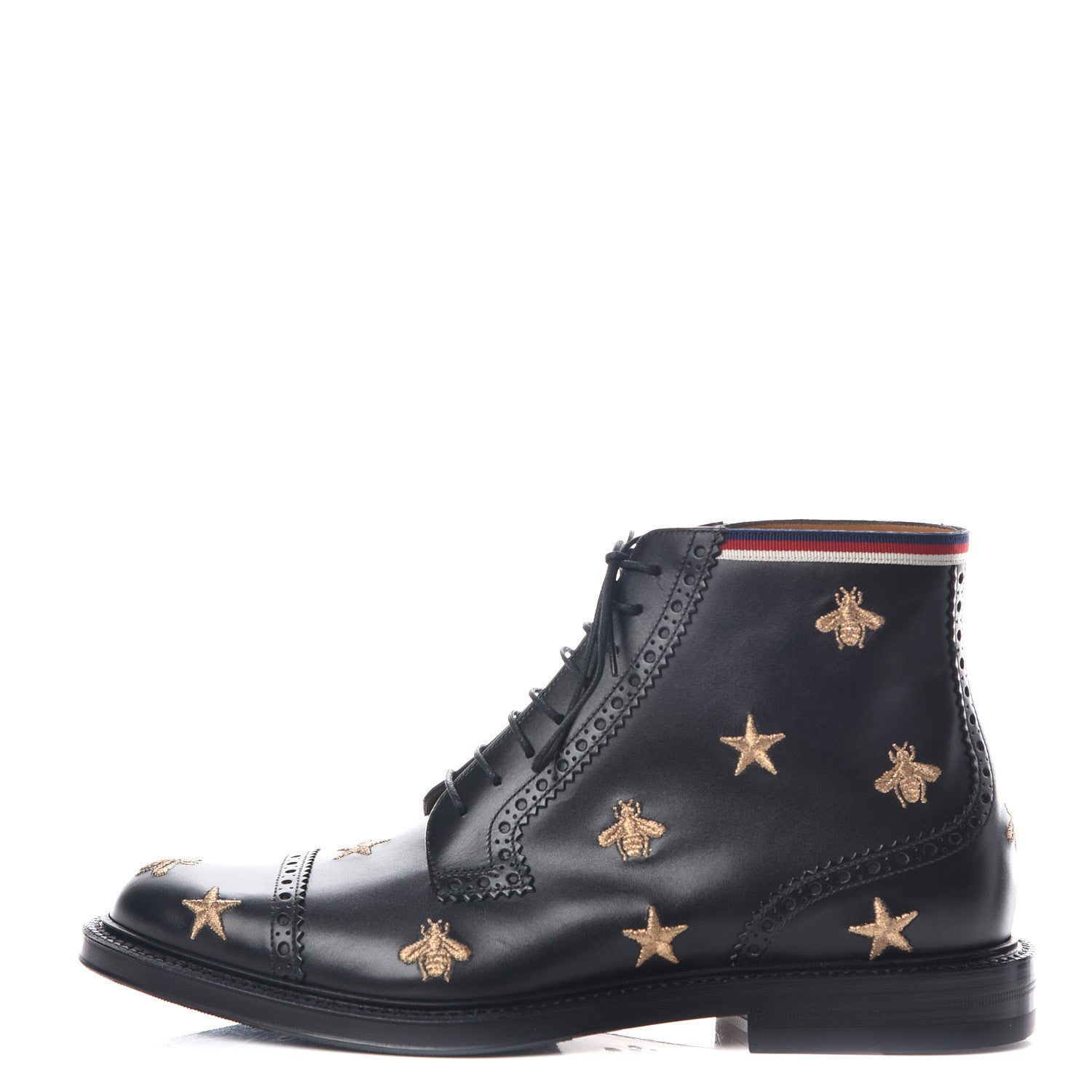 Gucci Calfskin Sylvie Web Bee Star Embroidered Mens Brogue Captoe Boots 8 Black 1 of 9