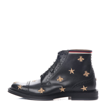 Gucci Calfskin Sylvie Web Bee Star Embroidered Mens Brogue Captoe Boots 8 Black 1 of 9