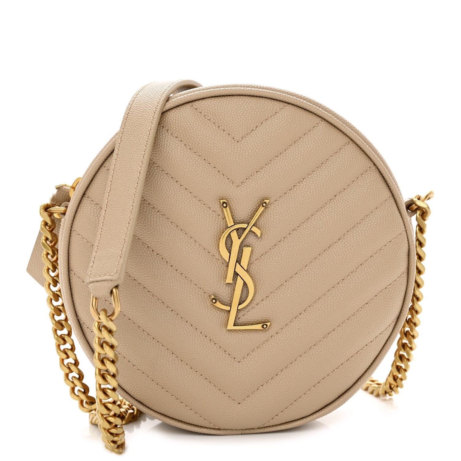 Saint Laurent Grain De Poudre Matelasse Chevron Quilted Round Vinyle Camera Bag Dark Beige 1 of 10