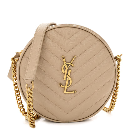 Saint Laurent Grain De Poudre Matelasse Chevron Quilted Round Vinyle Camera Bag Dark Beige 1 of 10