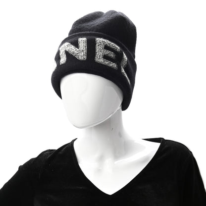 Chanel Wool Cashmere Logo Beanie Hat Black Light Grey 2 of 4