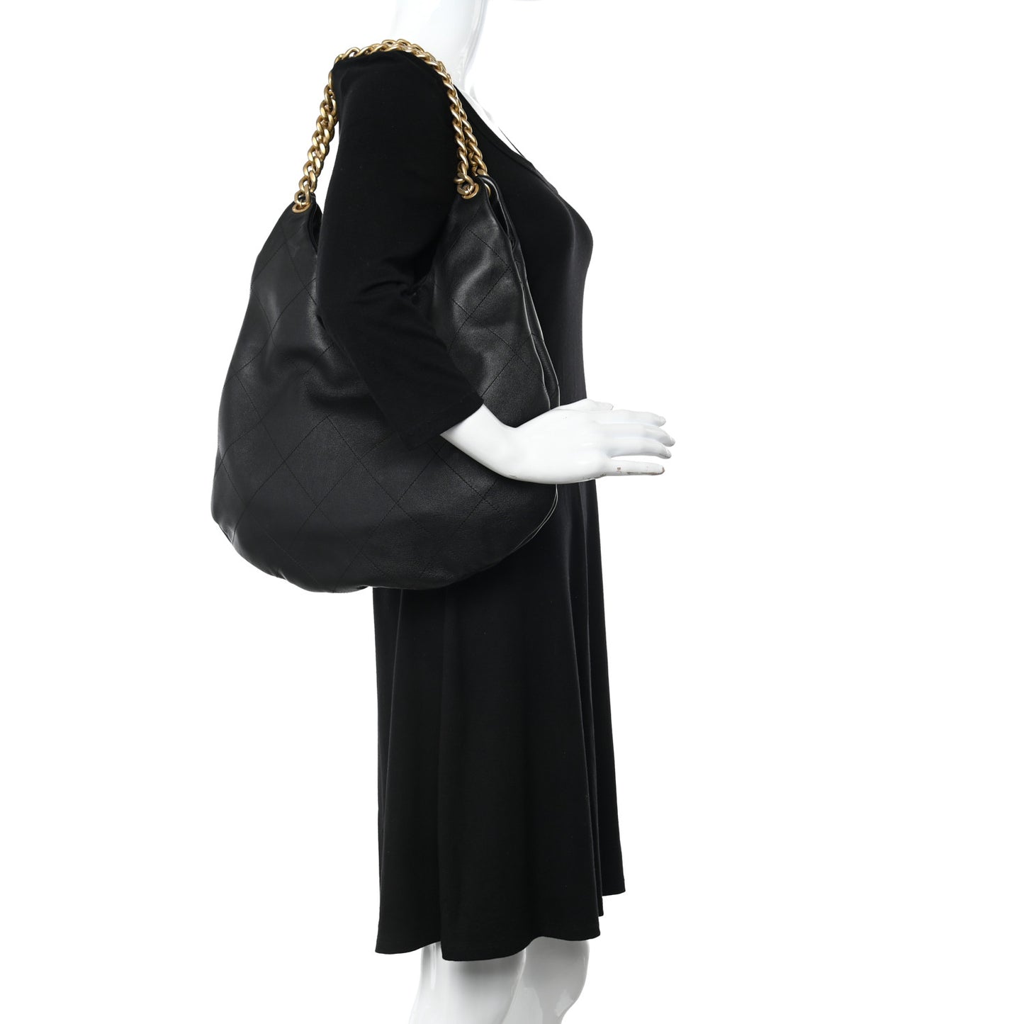 Calfskin Stitched Curved Chain Hobo Black