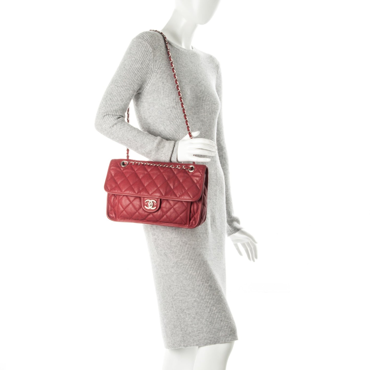 Caviar Quilted Large French Riviera Flap Red