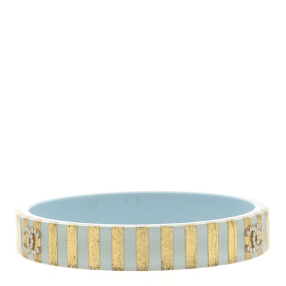 Chanel Resin Crystal Striped CC Cuff Bangle Bracelet Light Blue Gold 3 of 4