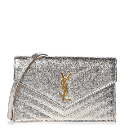Saint Laurent Metallic Crackled Calfskin Matelasse Chevron Monogram Envelope Chain Wallet Gold 1 of 8