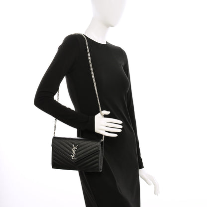Saint Laurent Grain De Poudre Matelasse Chevron Medium Monogram Chain Wallet Black 2 of 6