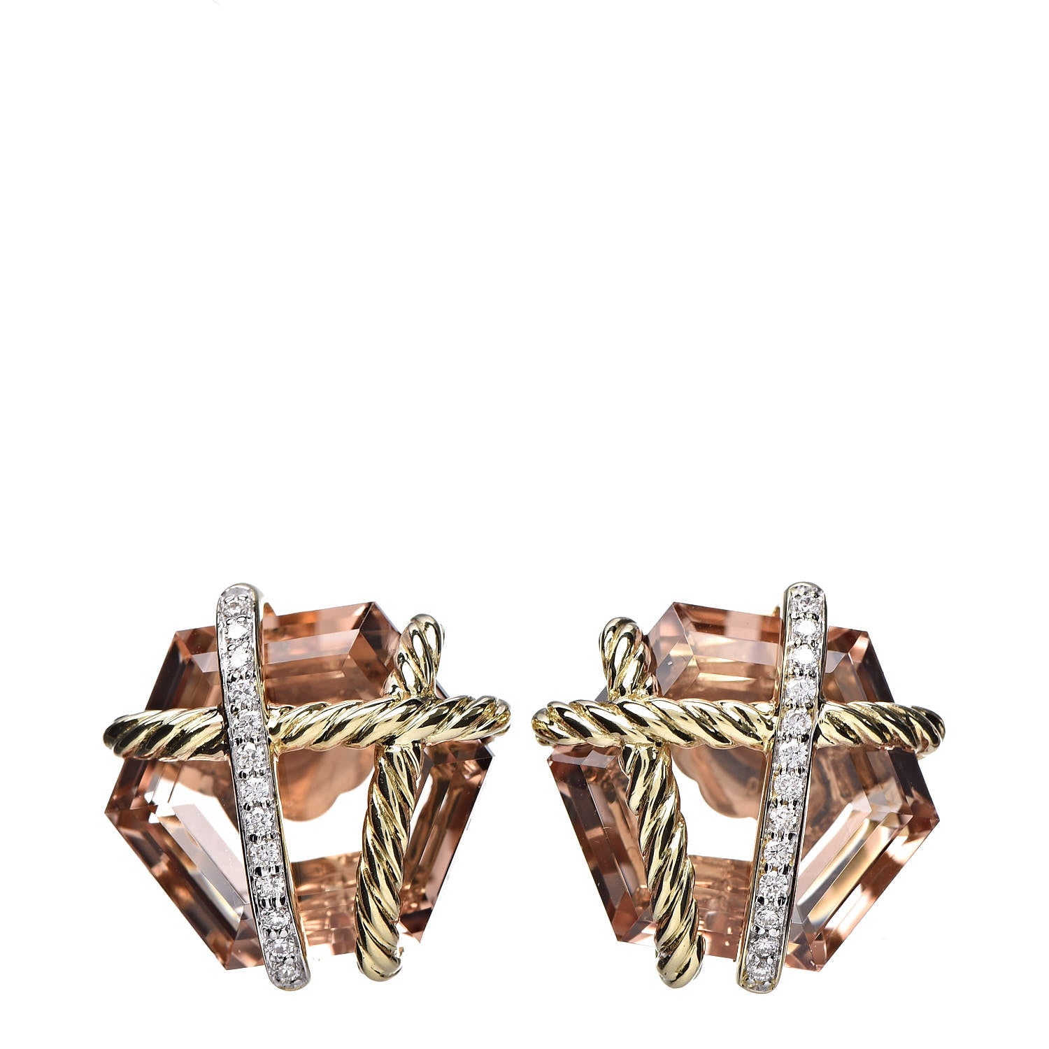 David Yurman 18K Yellow Gold Diamond Morganite 10mm Cable Wrap Earrings 1 of 4