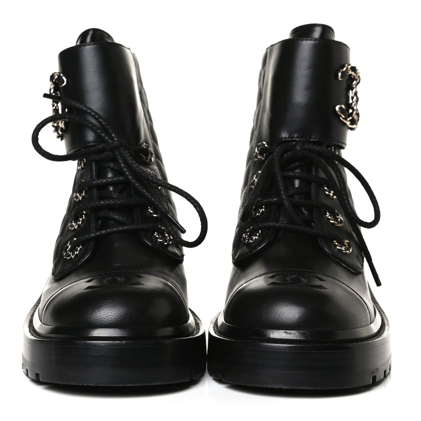 Shiny Lambskin Quilted Lace Up Combat Boots 37.5 Black