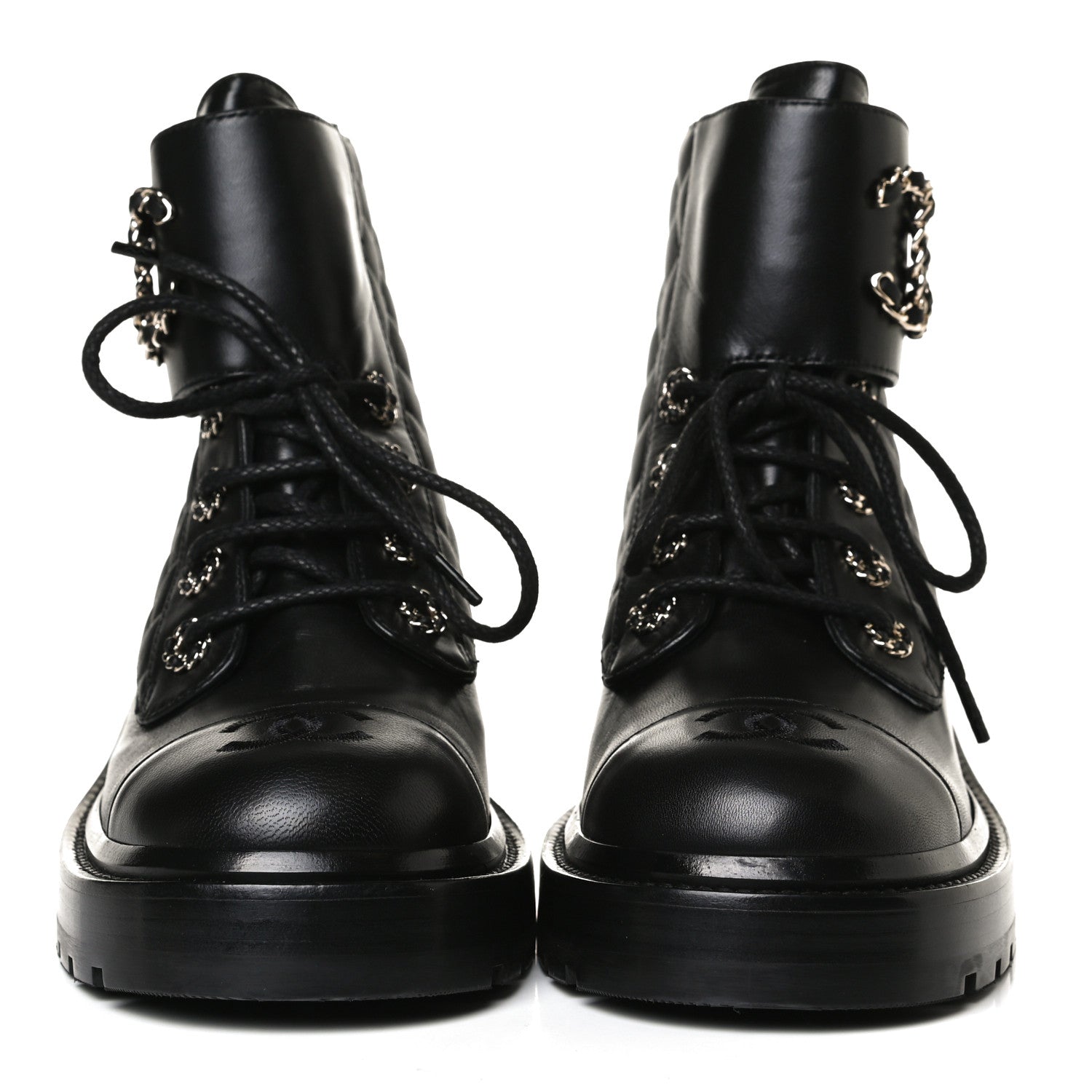 Chanel Shiny Lambskin Quilted Lace Up Combat Boots 37.5 Black 2 of 14