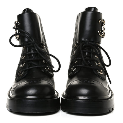 Chanel Shiny Lambskin Quilted Lace Up Combat Boots 37.5 Black 2 of 14