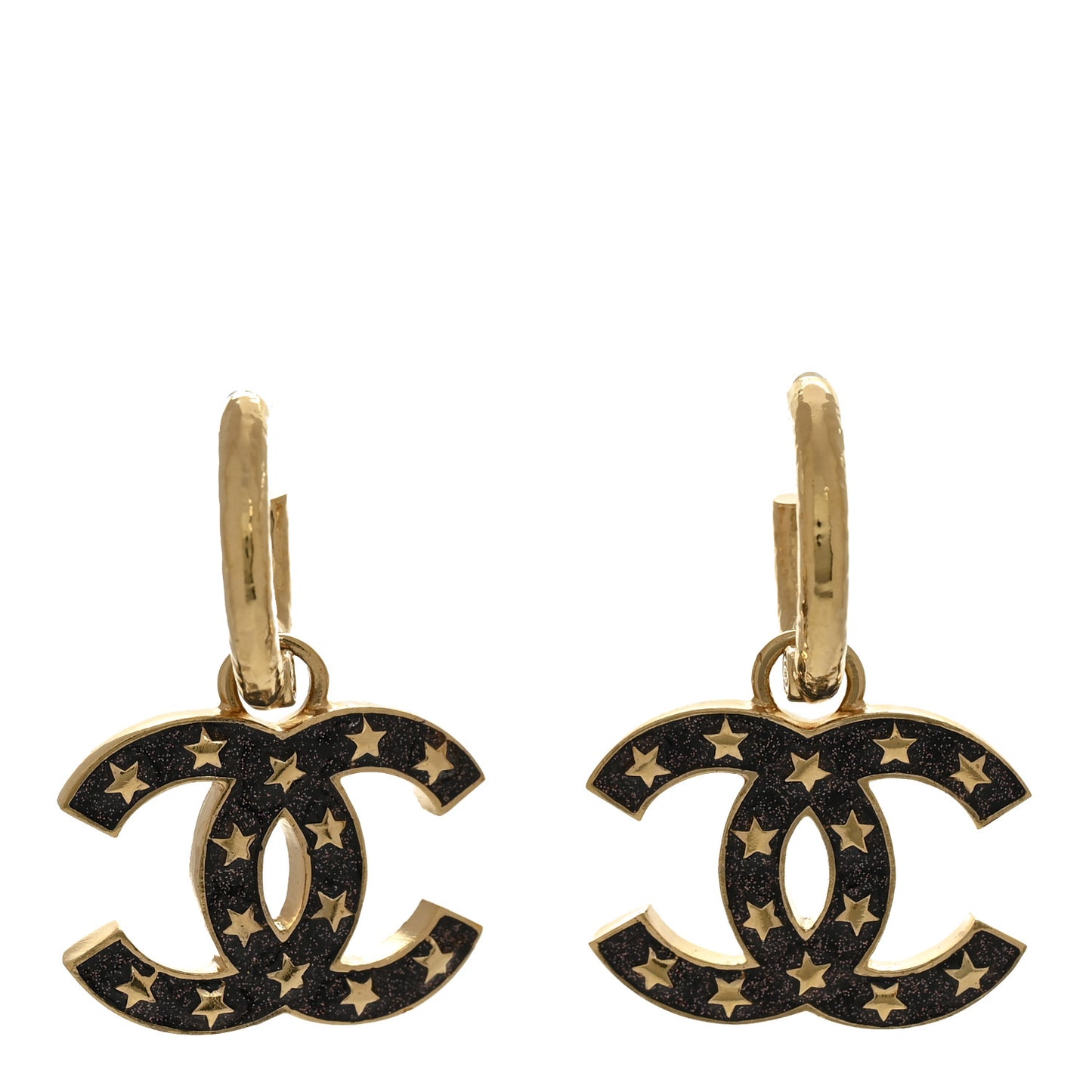 Metal Glitter Sparkle CC Star Drop Earrings Gold Black