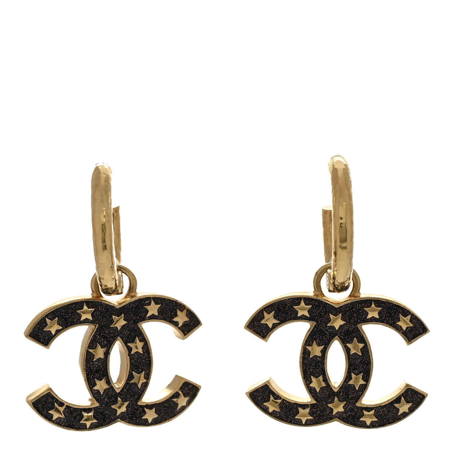 Chanel Metal Glitter Sparkle CC Star Drop Earrings Gold Black 1 of 5