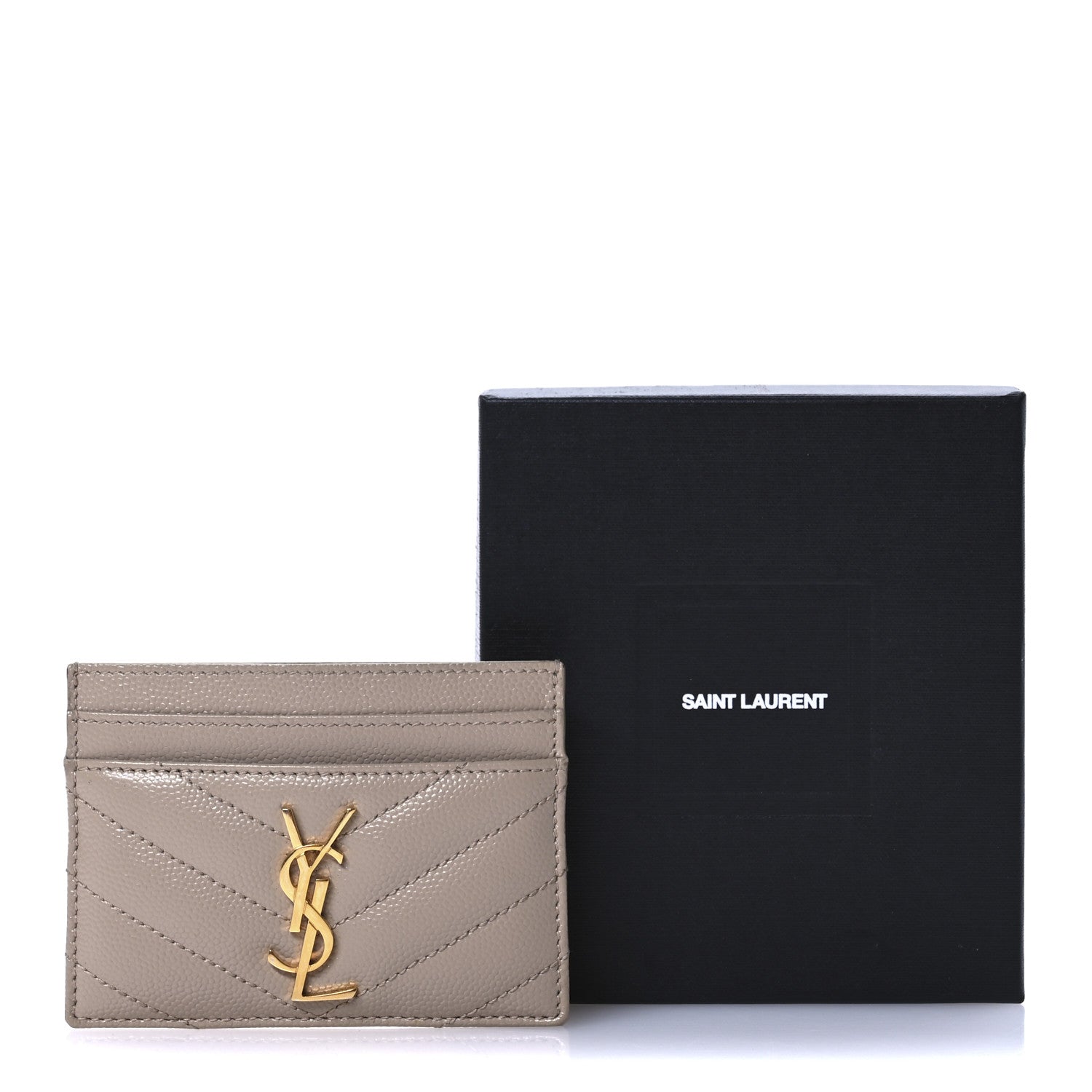 Saint Laurent Grain De Poudre Matelasse Chevron Monogram Credit Card Case Dark Beige 7 of 7