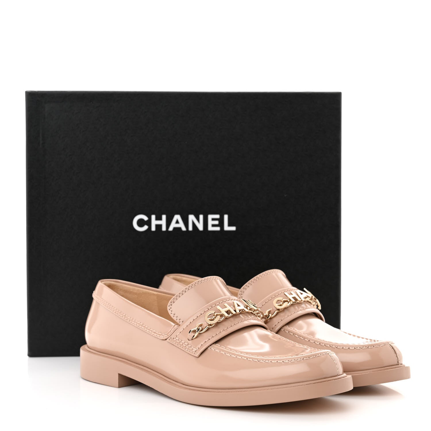 Chanel Shiny Calfskin Logo Loafers 38.5 Beige 10 of 10