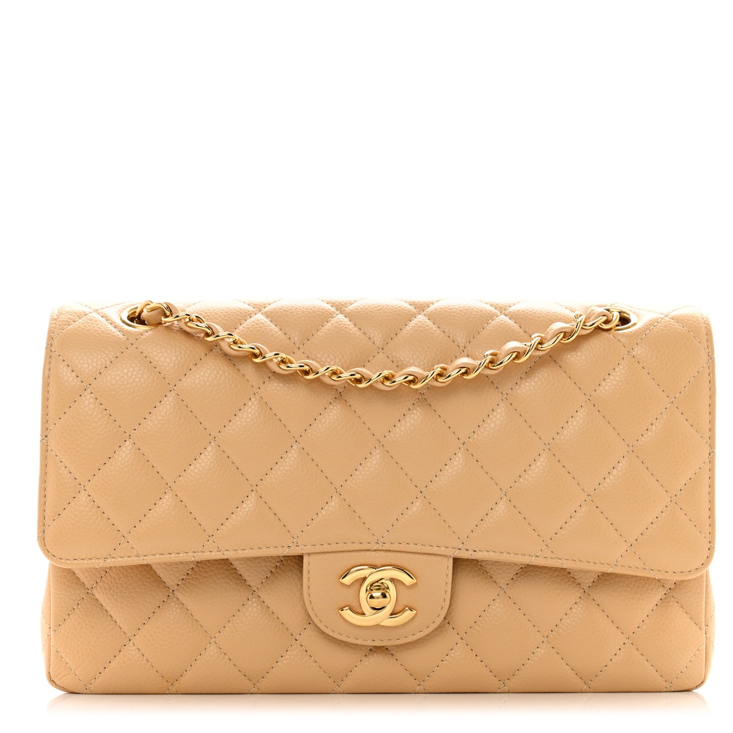 Caviar Quilted Medium Double Flap Beige