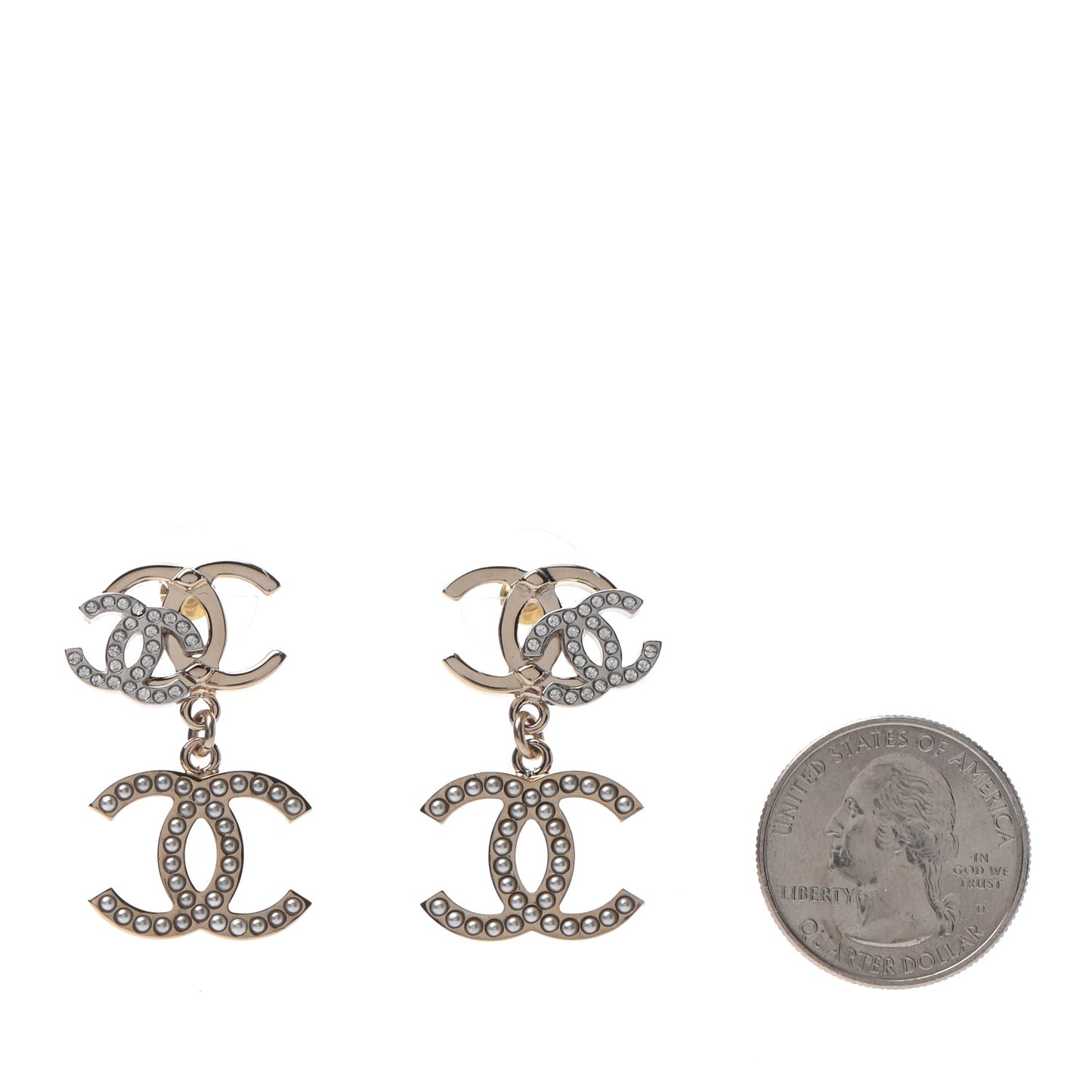 Crystal Pearl Double CC Drop Earrings Gold Silver
