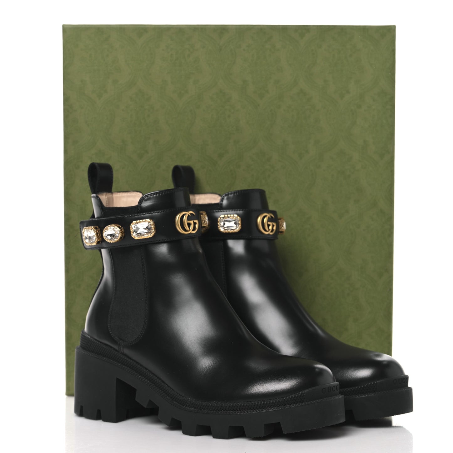 Calfskin Crystal GG Trip Chelsea Ankle Boots 37 Black