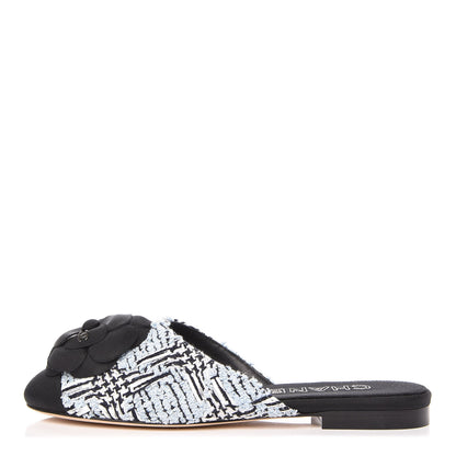 Chanel Tweed Grosgrain Camellia CC Flat Mules 36.5 Blue Silver Black 1 of 10